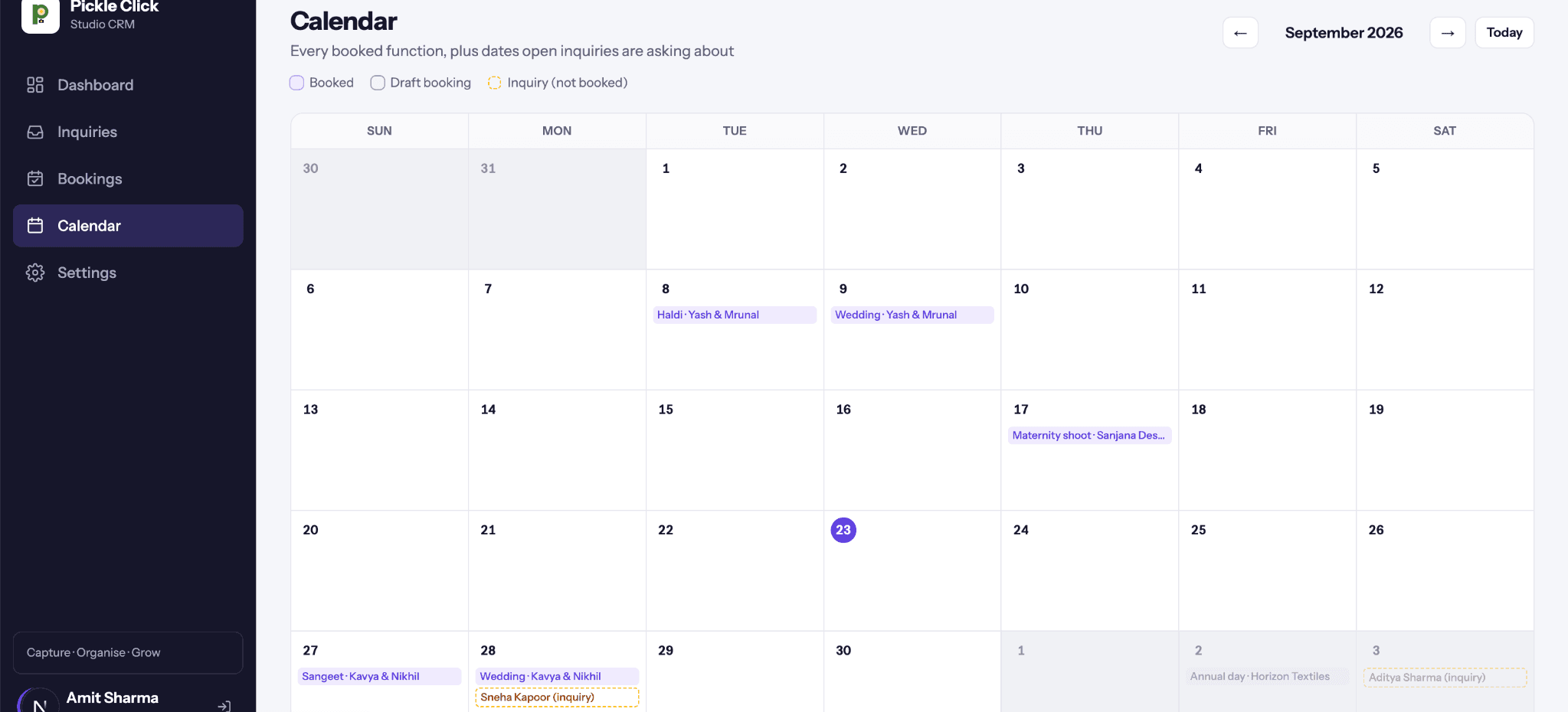 PickleClick Calendar screen