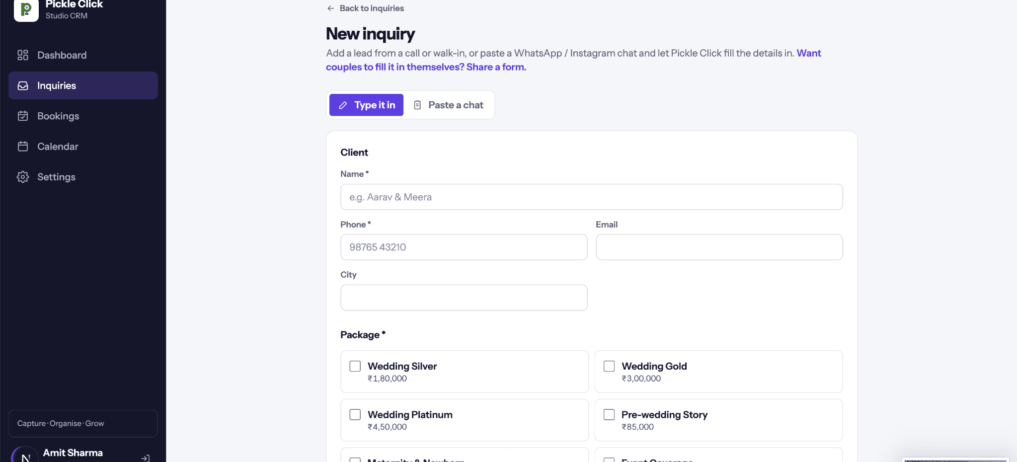 PickleClick New inquiry screen
